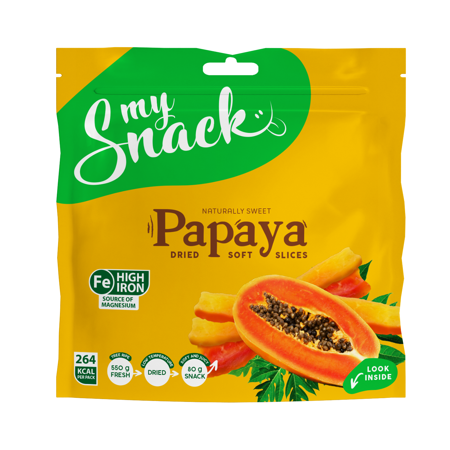 Papaia Snack Pack front Pehme kuivatatud papaia 80g - Pilt 1