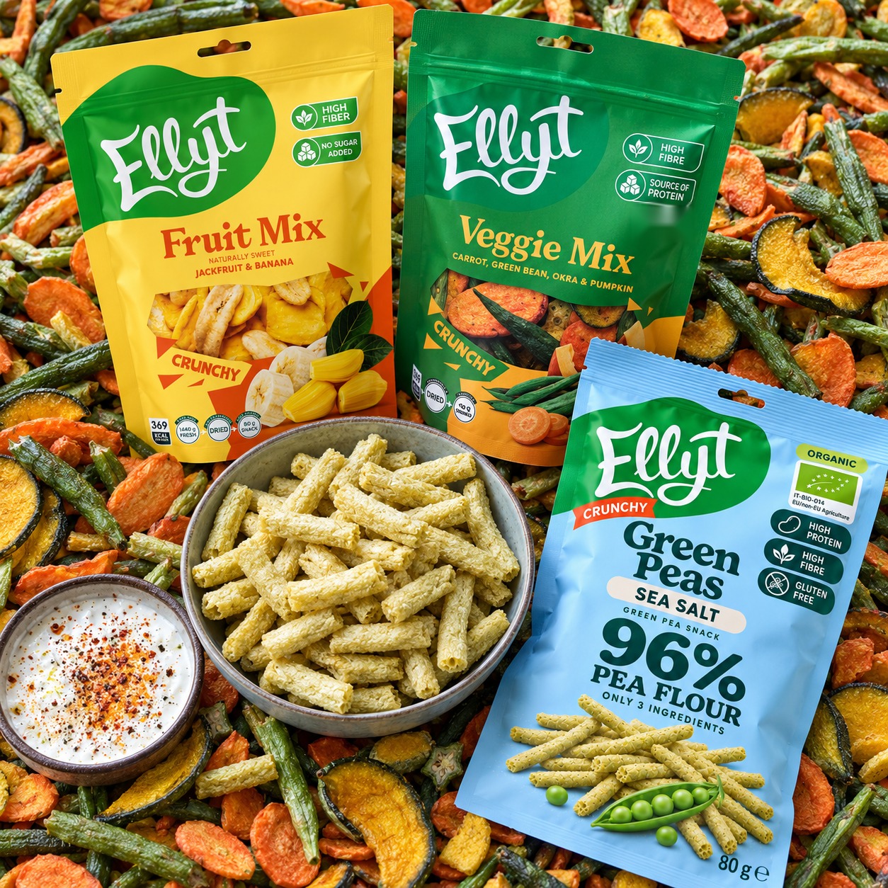 Ellyt Crunchy sari: hernesnäkid, Veggie Mix ja Fruit Mix
