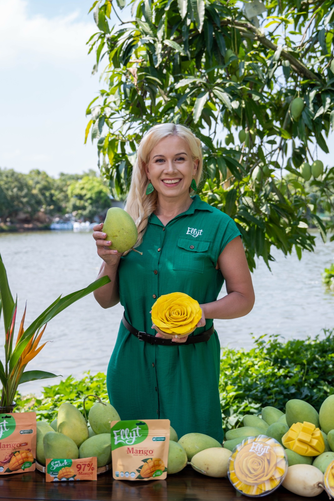 Ellyt-mangoruusua ja tuoreita mangoja tilalla